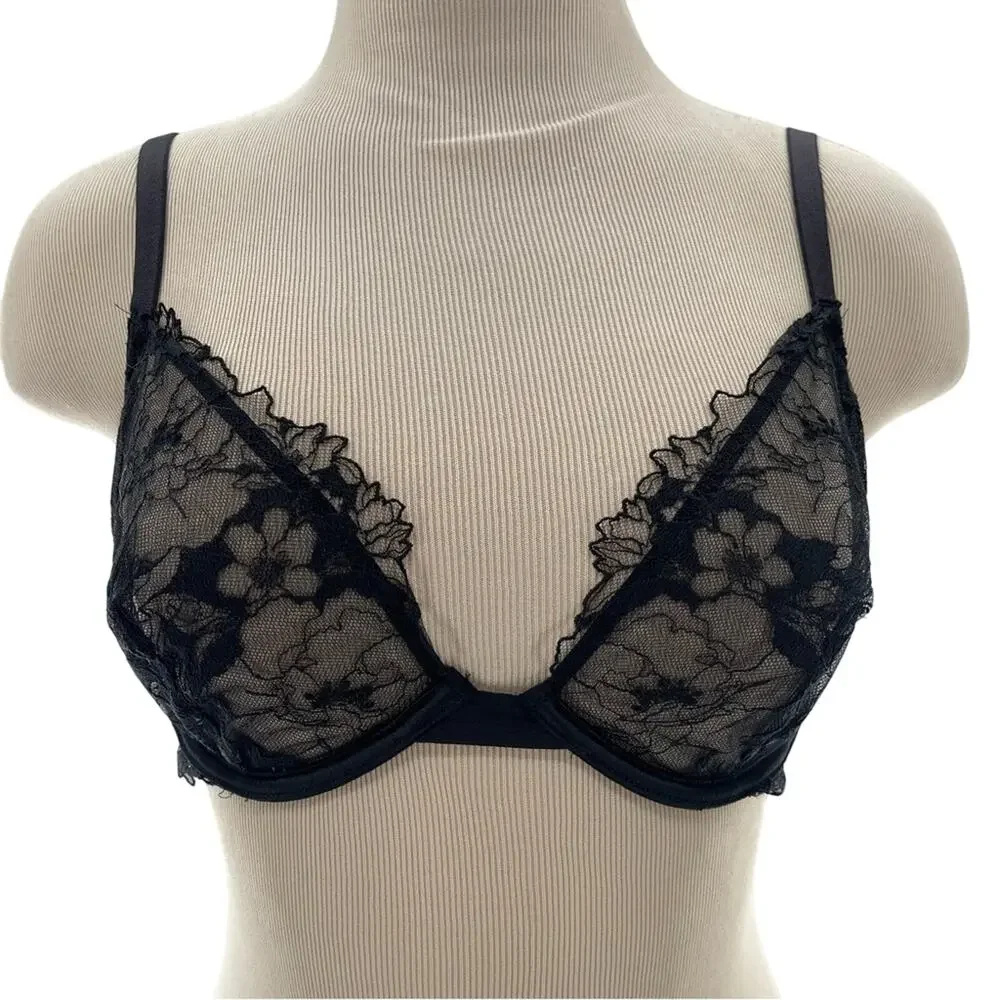 Victoria’s Secret Romantic Low Cut Demi Bra Feminine Black Lace Size 34D